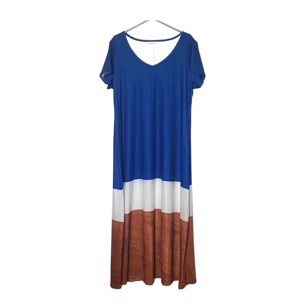 Colorblock Maxi Dress Blue White Rust Stretch Women L